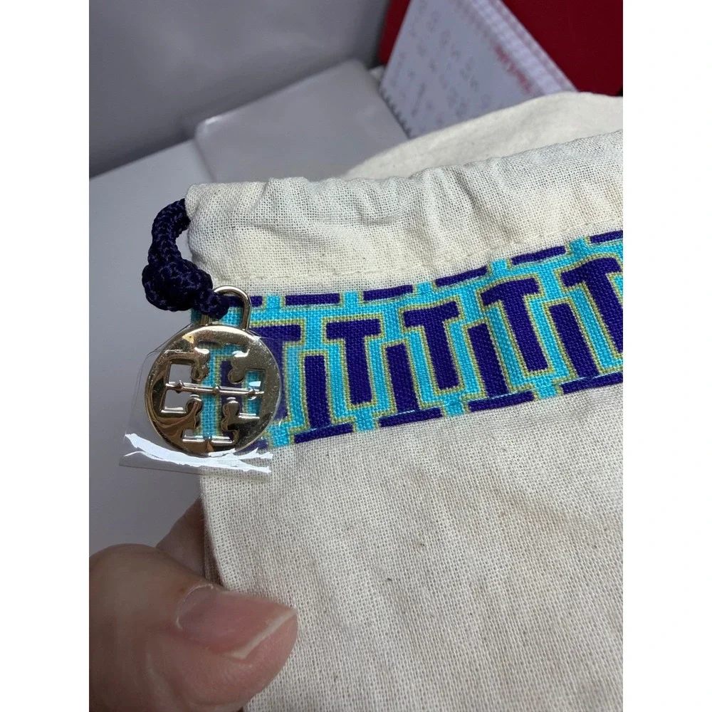 Tory‎ Burch Dust Bag New Women OS Cream Blue Logo Charm Drawstring Storage Bag